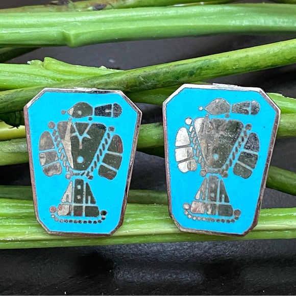 Indian Lore Genuine Copper Porcelain Enamel Inlaid Thunderbird Clip On Earrings - Picture 1 of 11